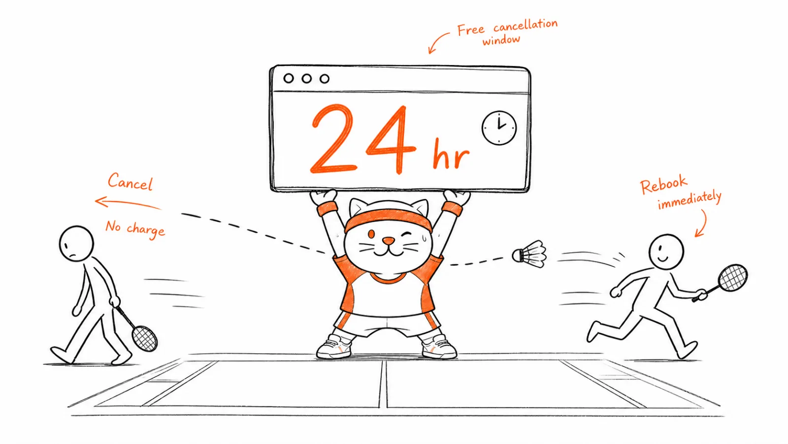 Fofo the cat mascot holding up a '24 hr' free cancellation window screen while one player cancels at no charge on the left and another player runs on to rebook the court on the right