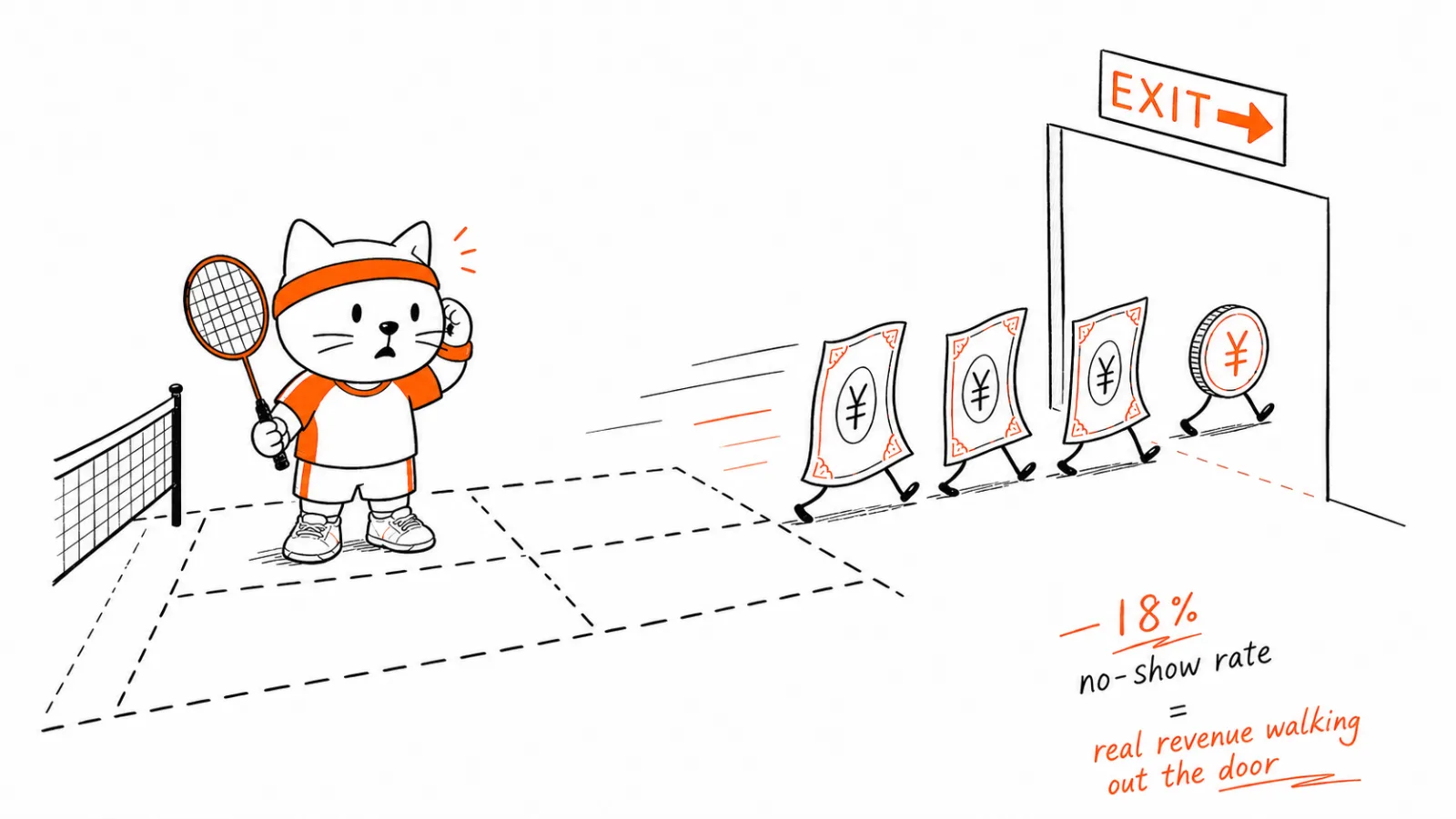 Fofo the cat mascot on an empty badminton court watching banknotes walk out through the exit, labelled '18% no-show rate = real revenue walking out the door'
