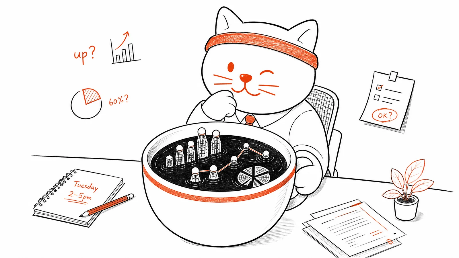 Fofo the cat mascot reading booking trends, charts and quiet time slots from a bowl of data