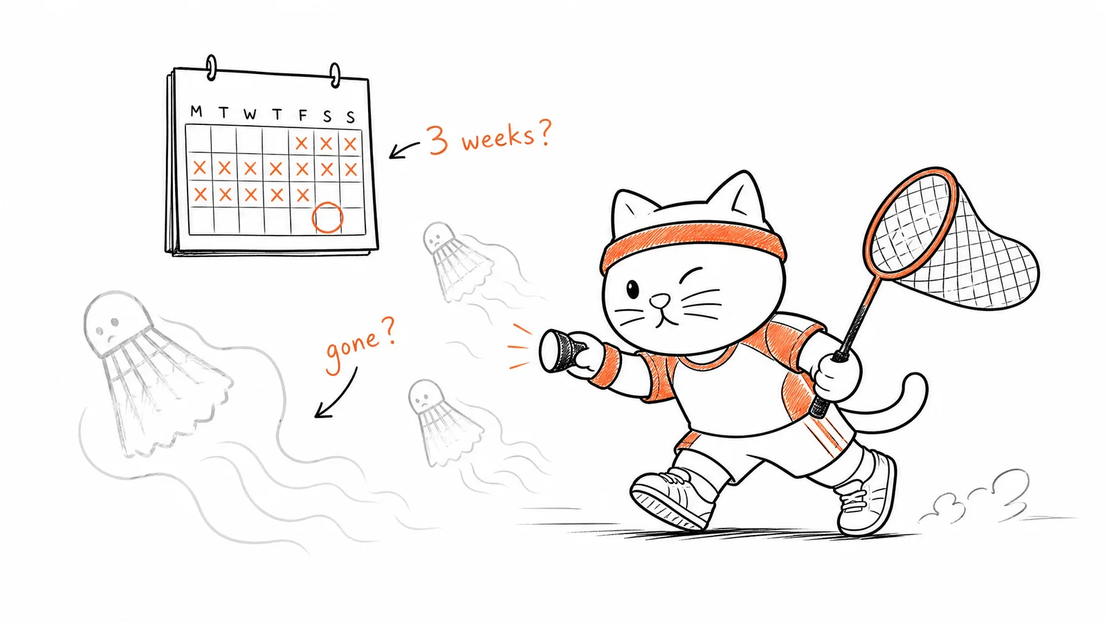 Fofo the cat mascot with a flashlight and net searching for shuttlecock ghosts next to a calendar showing three weeks of missed bookings