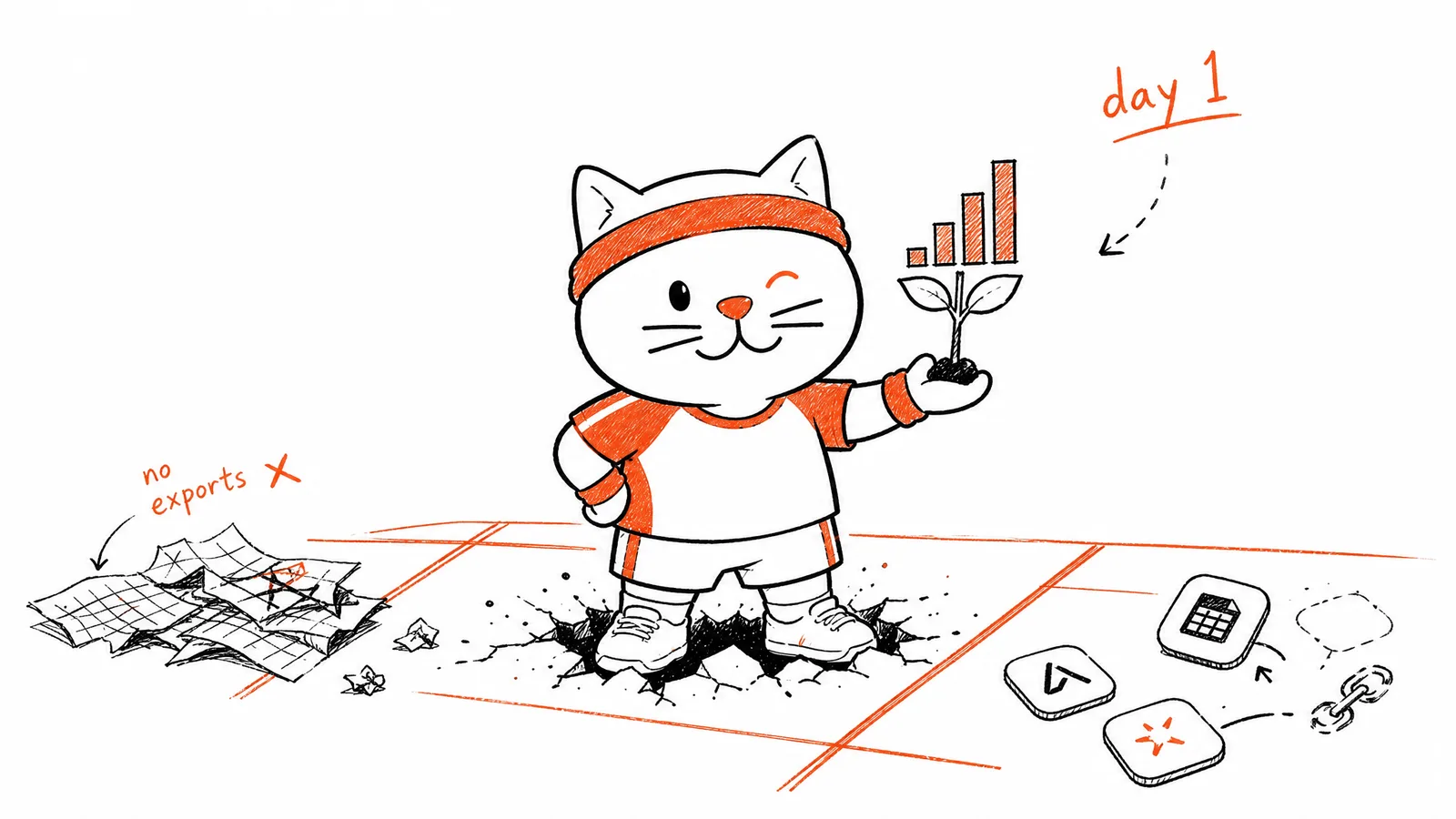 Fofo the cat mascot on a badminton court holding a seedling growing into a bar chart labelled 'day 1', beside crumpled spreadsheets marked 'no exports'