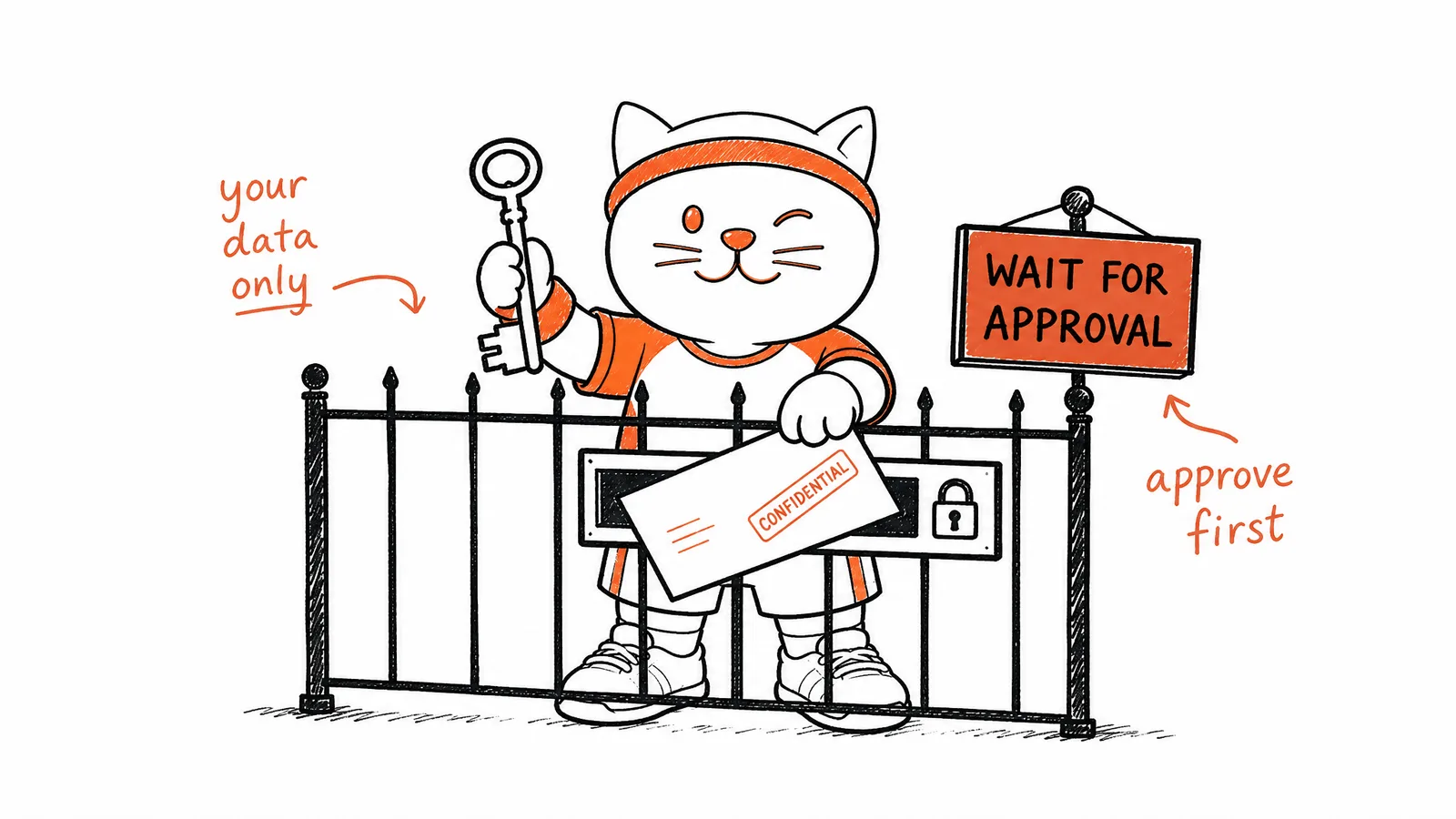 Fofo the cat mascot behind a locked fence holding a key labelled 'your data only' and a confidential envelope, next to a 'wait for approval' sign